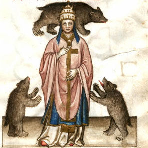 A man surrounded by bears, with one of the bears sitting on his neck. 