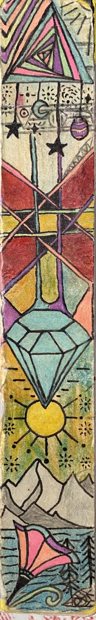 Flower, mountains by the river, sun, diamond, star made of ribbons, stars of the planet, triangle with a spiral inside