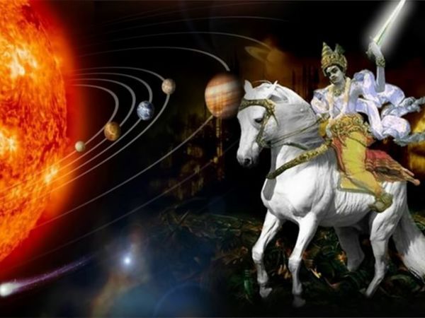A blue-skinned man with a sword on a white horse near the solar system. 