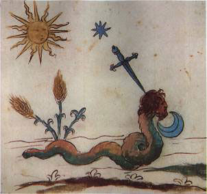 A serpent with a human head is struck in the head with a dagger, next to which are a star and a crescent moon, and in the upper left corner...