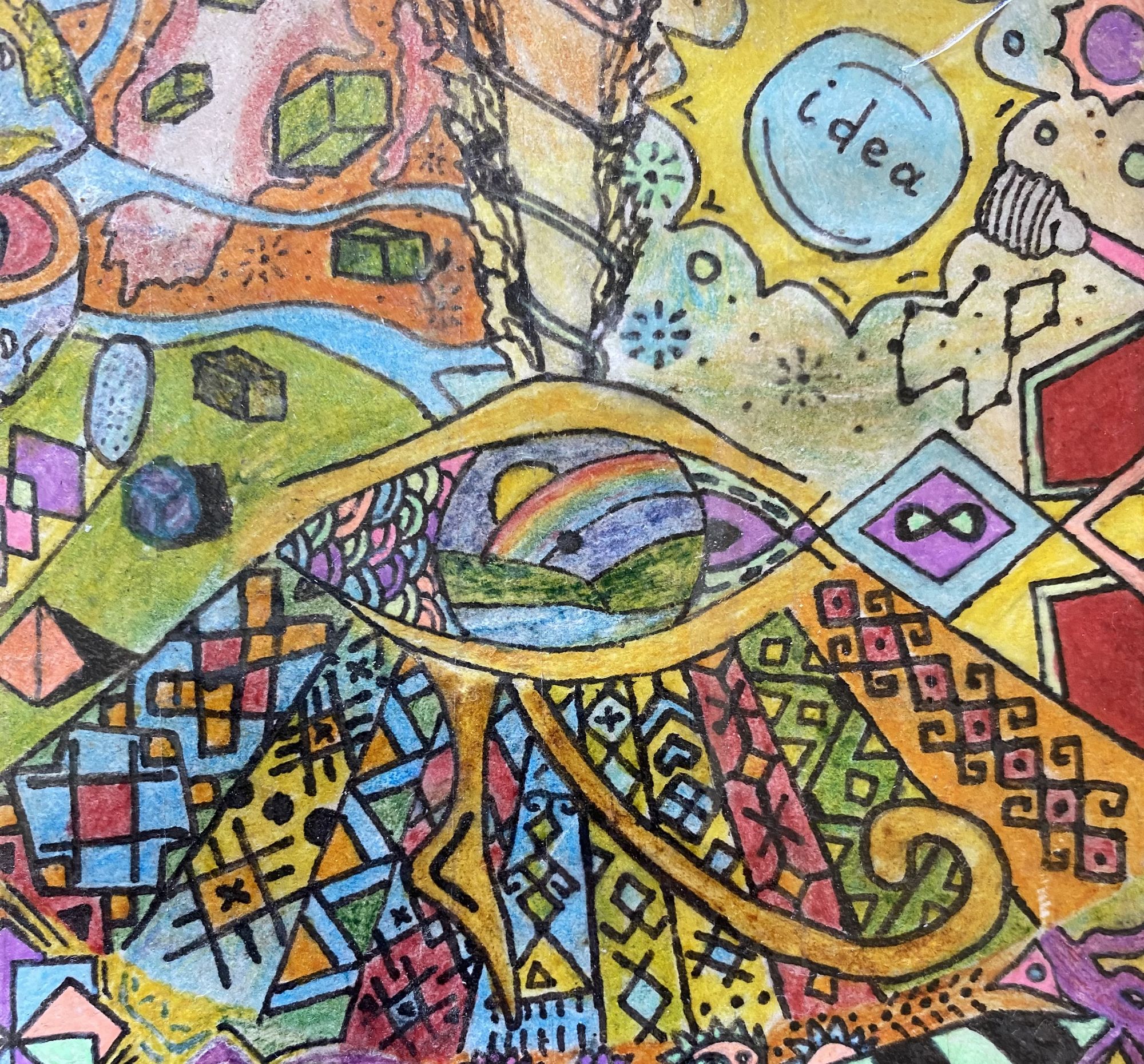 The Eye of Ra reflecting a landscape with a rainbow and a river. Slavic ornamentation on the bottom. On the left is a split planet with a di...