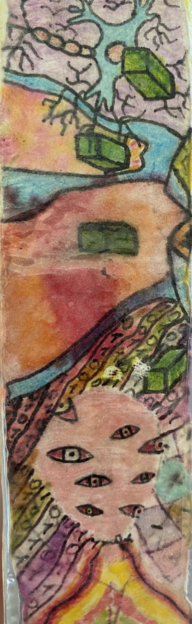 matrix code, balloon with red eyes, brain neuron