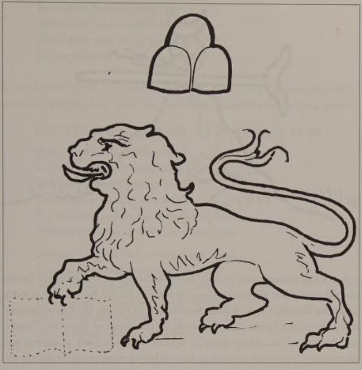 A lion with a crown of three stones above its head in the air.
