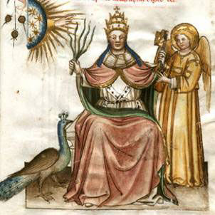 Man . Angel in yellow behind. Peacock on the floor on the left. Divine hand on left with sphere above