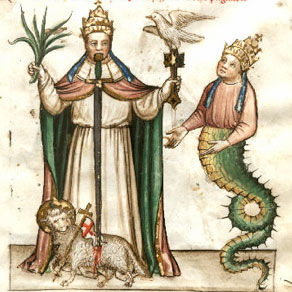 A man with a dove on his left hand striking the Lamb on the floor with a sword coming out of man’s mouth. Aim the right side a male-serpent.