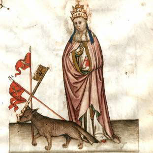 A man with a flag and a book and a fox carrying a key