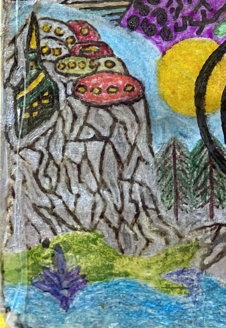 Futuristic city on the mountains, a pond below, the sun