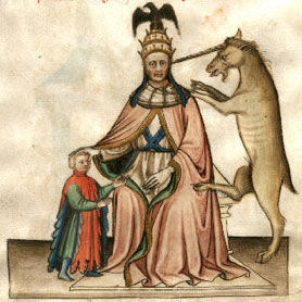 A man with an eagle on his head sits on a tiara, blessing a young man in secular dress and being attacked by a unicorn.