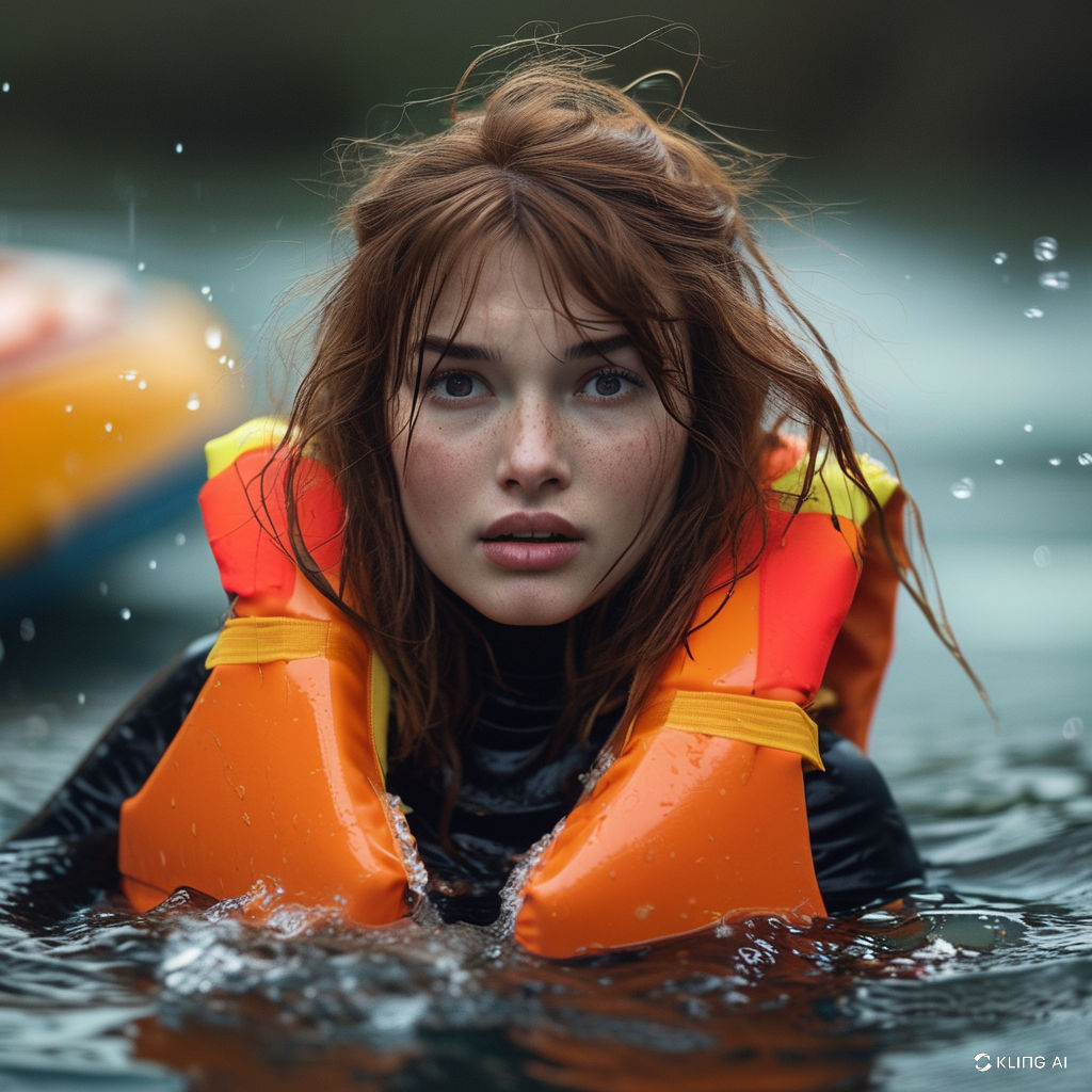 Mid 20s woman with freckled ginger-haired woman struggling  splashing in water in a lifejacket, she is a non-swimmer
