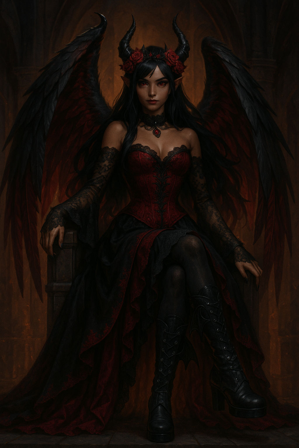 Anime-style illustration of a gothic demon couple in a moonlit courtyard surrounded by swirling mist and pale ghostly figures.