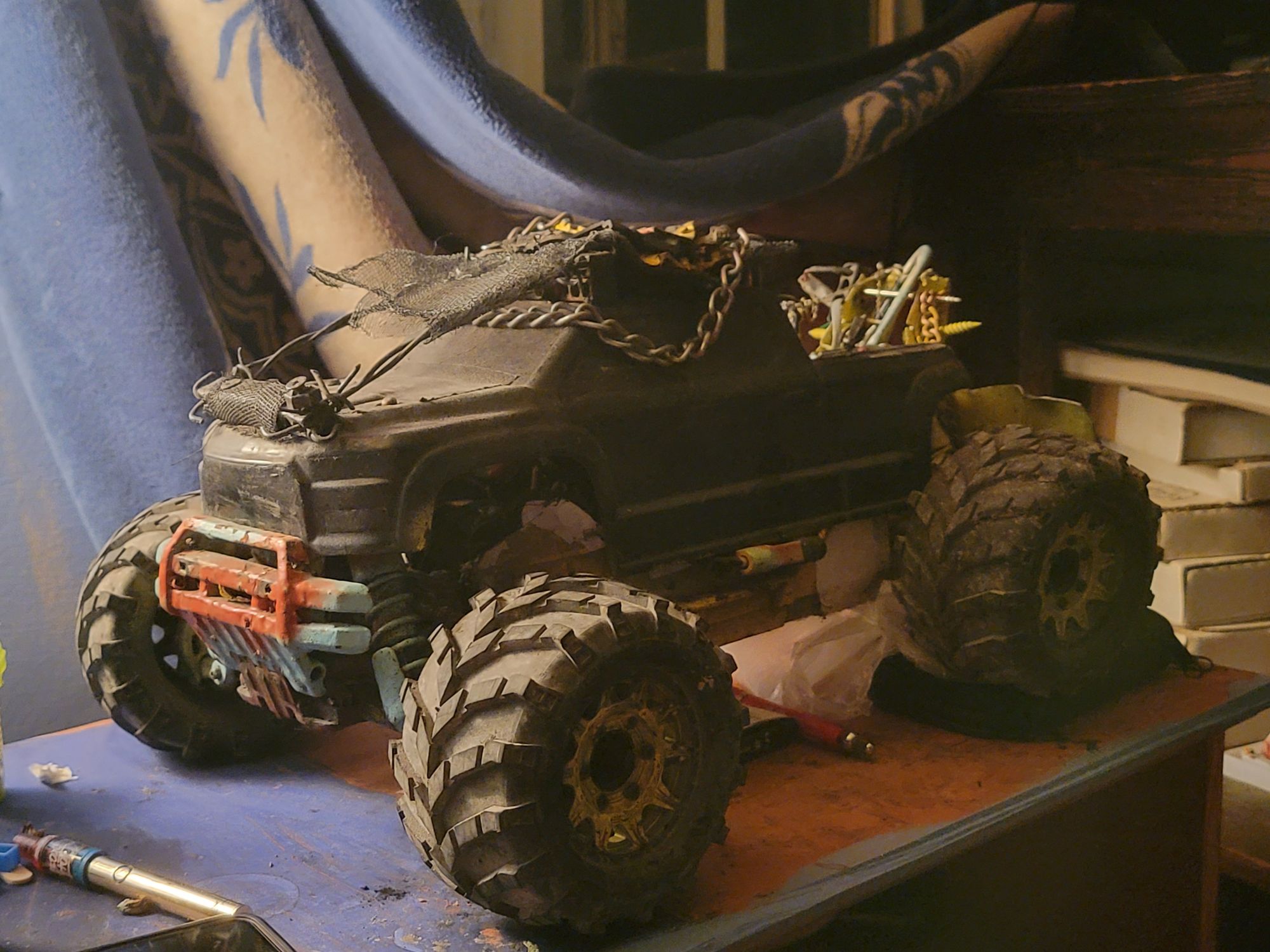 Winter pickup with tire chains 