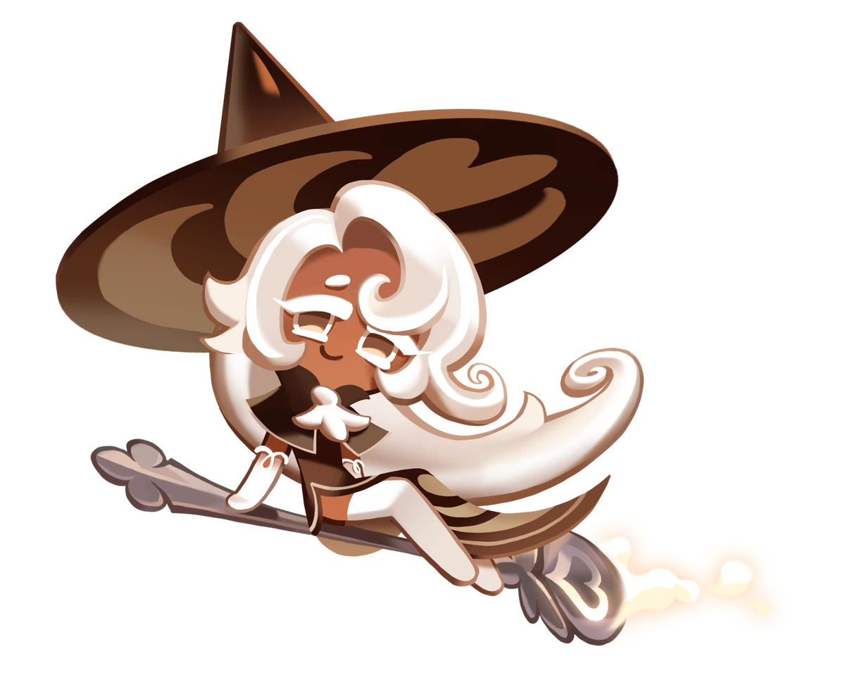 The character is a girl who flies on a coffee spoon like a witch on a broomstick, she has a brown witch's hat on her head, her hair is long...