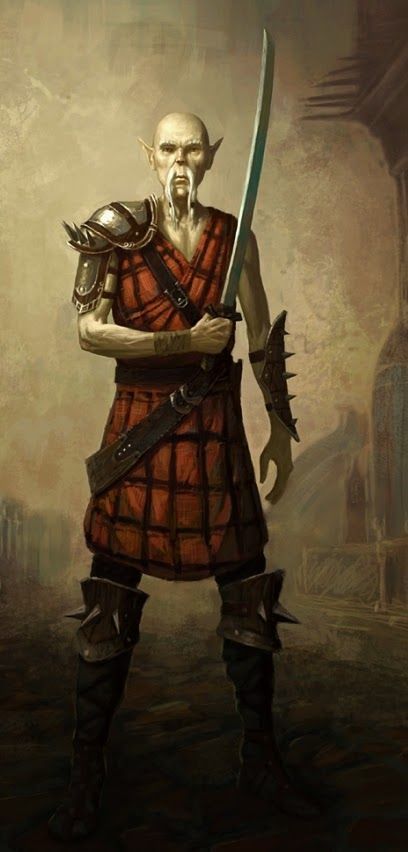 Dungeons and Dragons old male githzerai retired sword fighter with long braided moustache  
