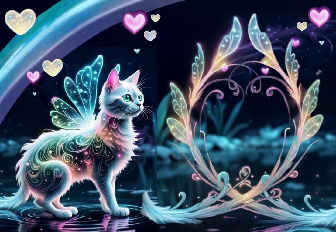 a stunning glowing fairy cat made of light, outlined in neon, with glowing transparent fairy wings made of light, sitting beside a reflectiv...
