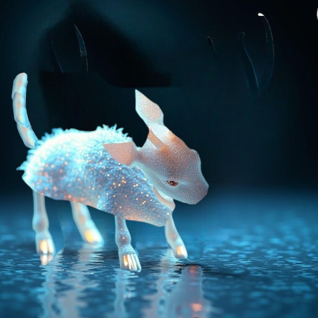 a stunning glowing fairy cat made of light, outlined in neon, with glowing transparent fairy wings made of light, sitting beside a reflectiv...