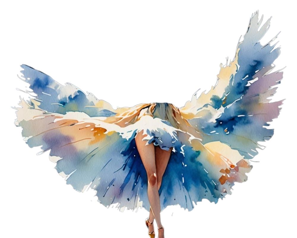 Watercolor cat with wings, on fire, surrounded by white fluffy clouds, gold and black color scheme