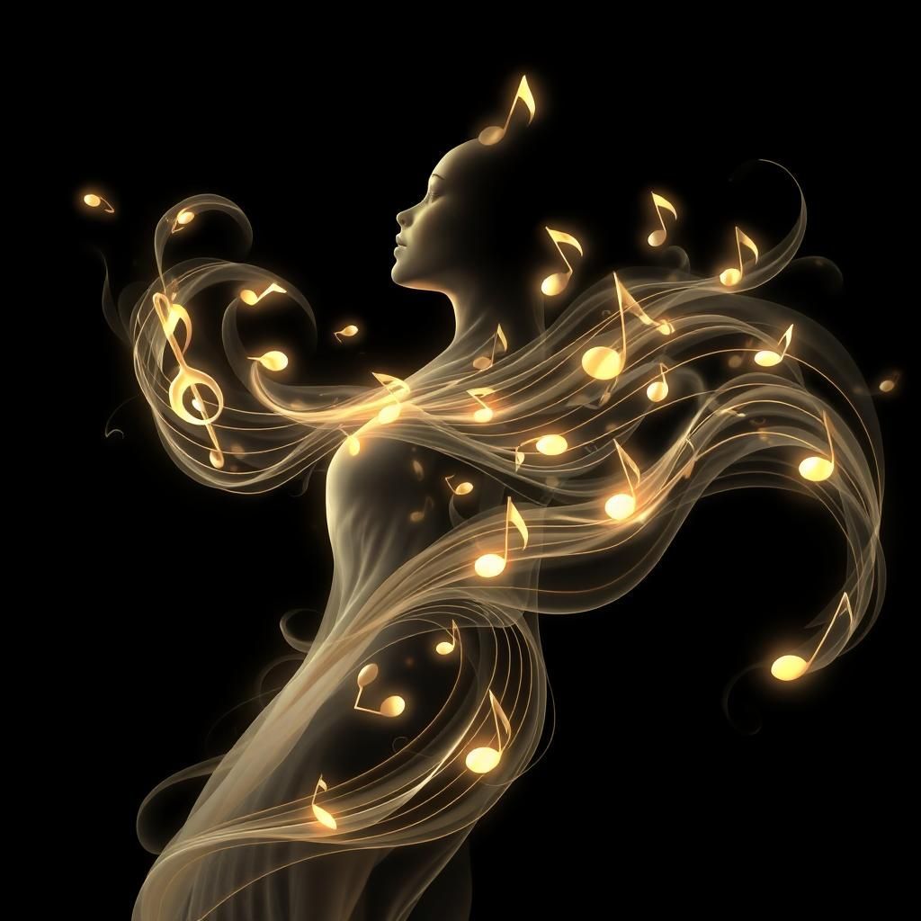 A figure composed of abstract outlines of mice in the shape of an adorable adult domestic cat, sitting in swirls, illuminated by gold flicke...