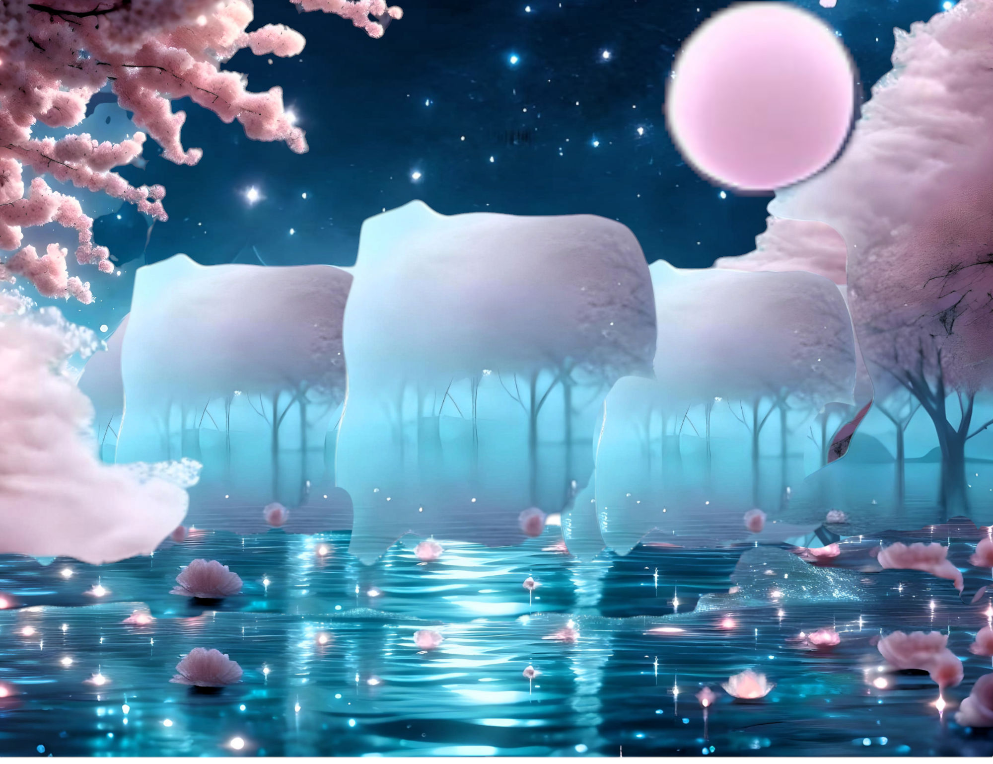 A bioluminescent mystical fairy ice garden in shades of pastel SLATE BLUE and PASTEL PINK, with glowing alien  trees, a full moon, glowing a...