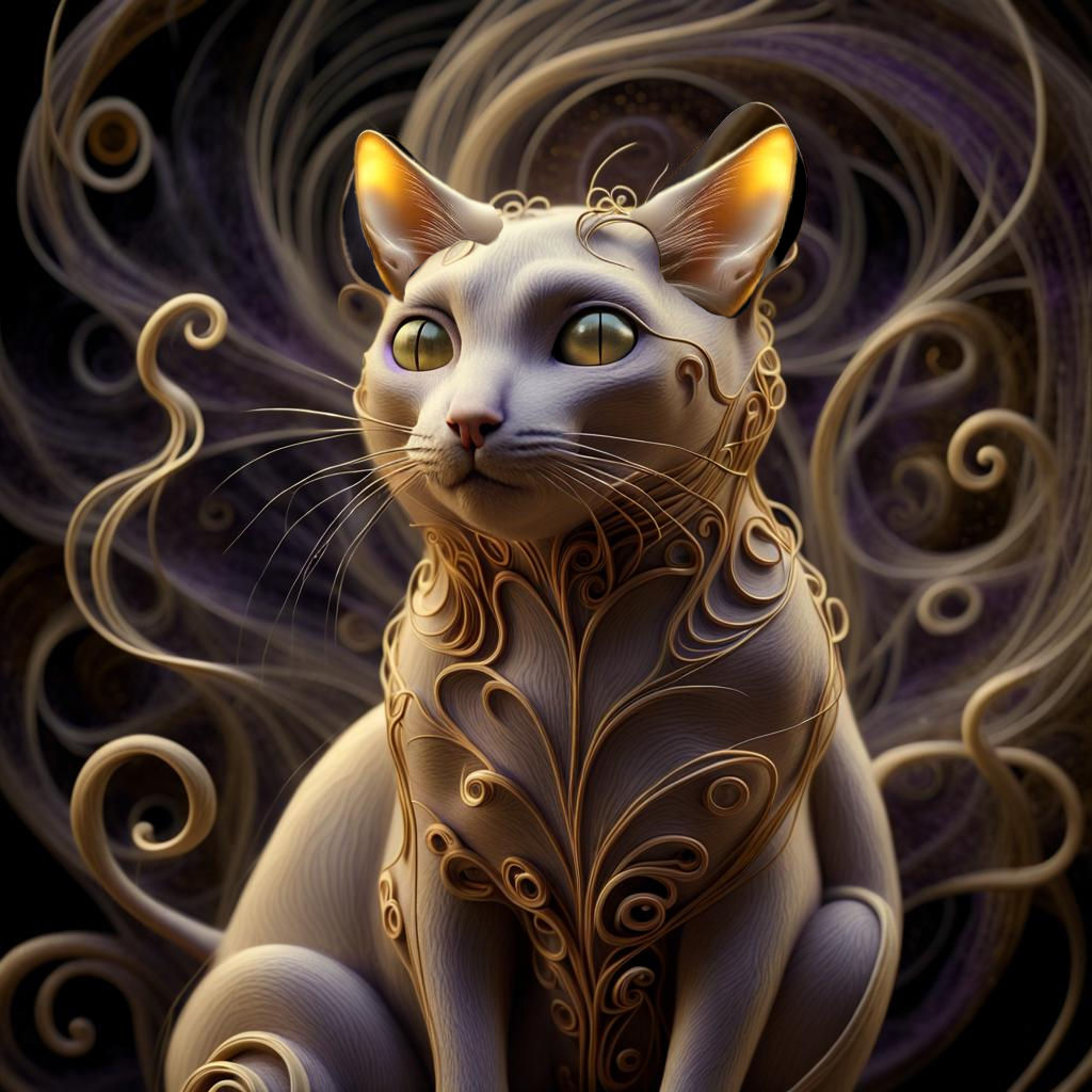 A figure composed of abstract outlines of mice in the shape of an adorable adult domestic cat, sitting in swirls, illuminated by gold flicke...