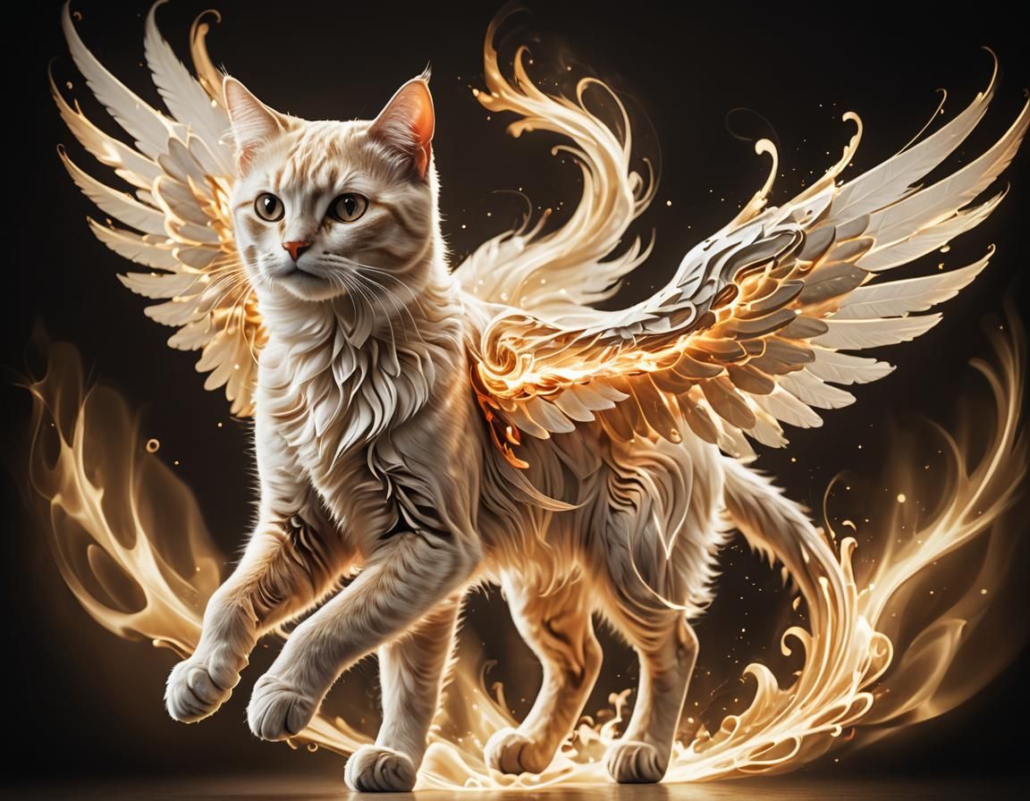 Watercolor cat with wings, on fire, surrounded by white fluffy clouds, gold and black color scheme