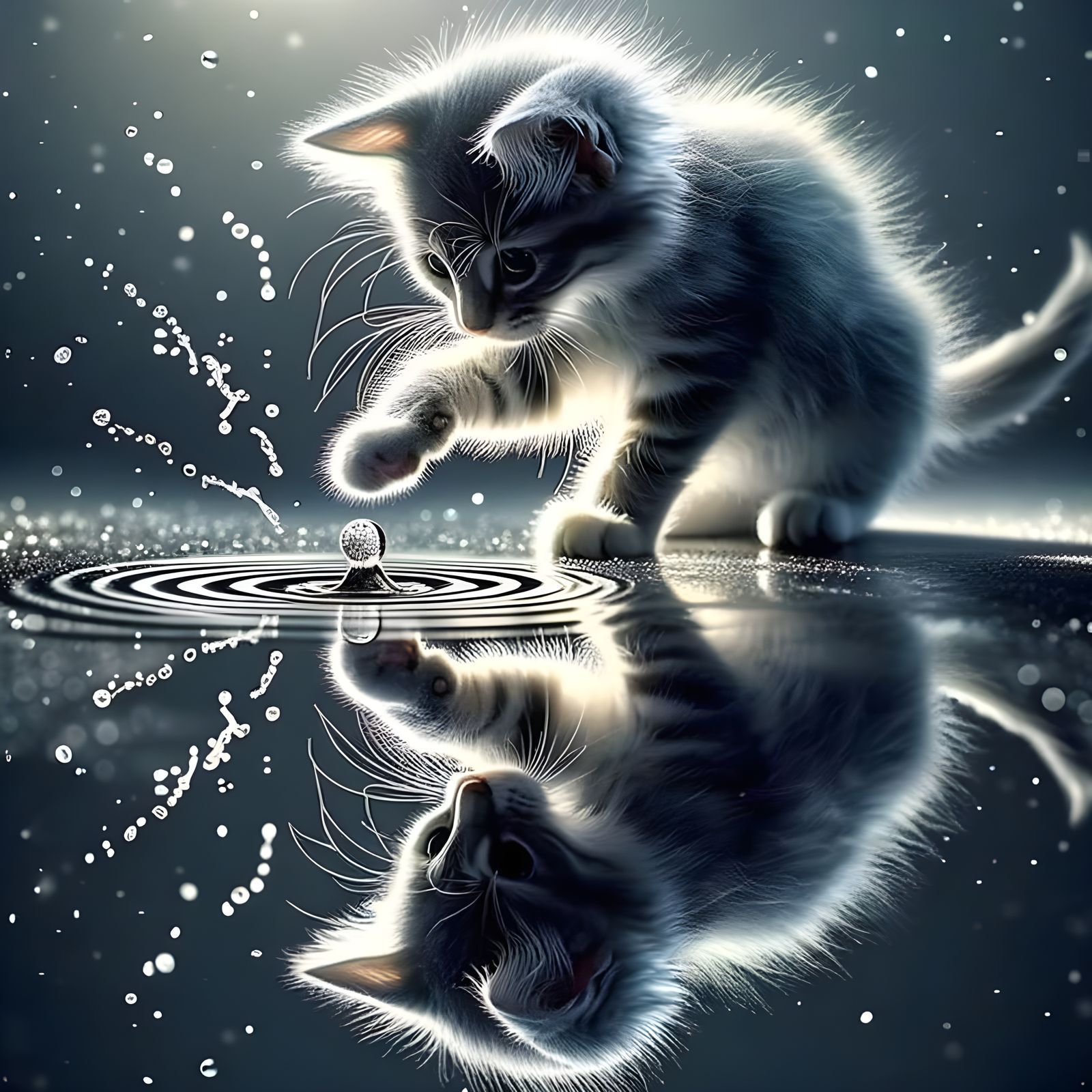 Extreme wide shot. Surreal Digital Artwork. Adult short-haired blonde cat  with white angel wings and (black eyes: 3.0) lifting its paw and...
