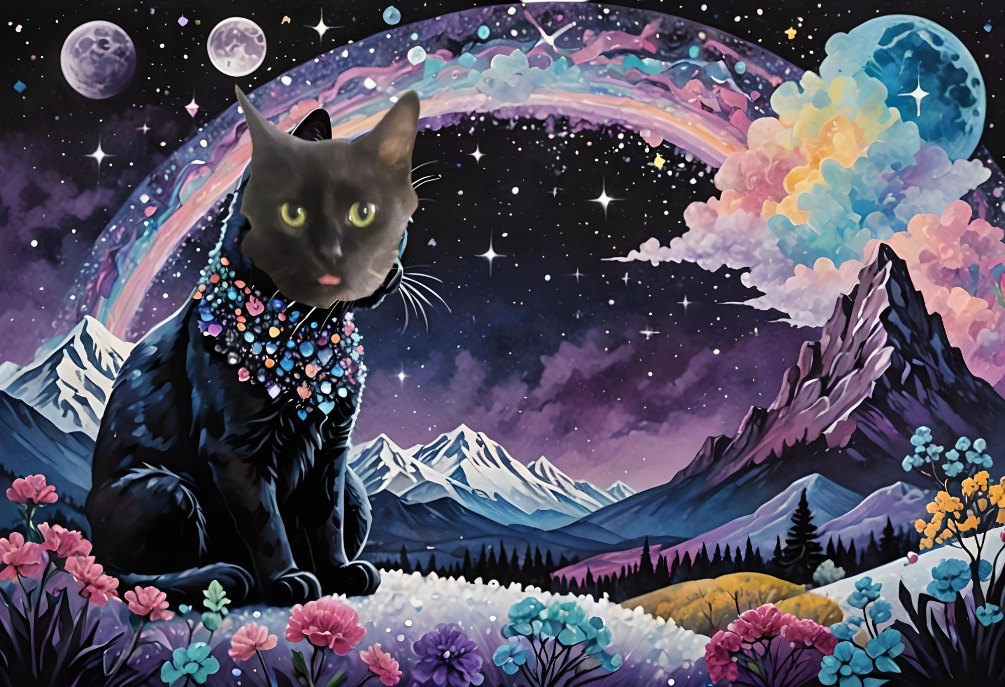 A black crystal cat made of clear sparkling transparent black tinted ice crystals, translucent ice crystals, cat filled with miniature paste...