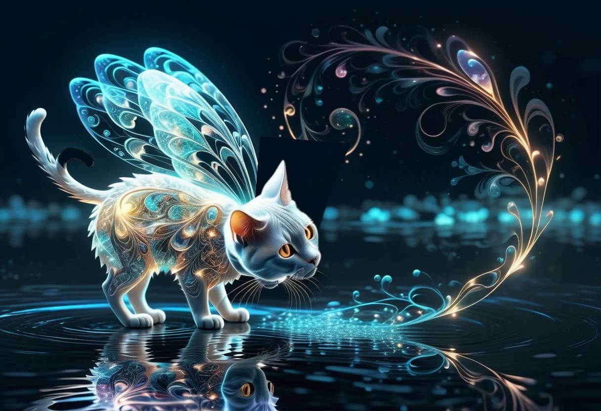 a bioluminescence wonderful fairy cat made of light, with glowing transparent fairy wings, made of light, standing in a reflective pond, on...