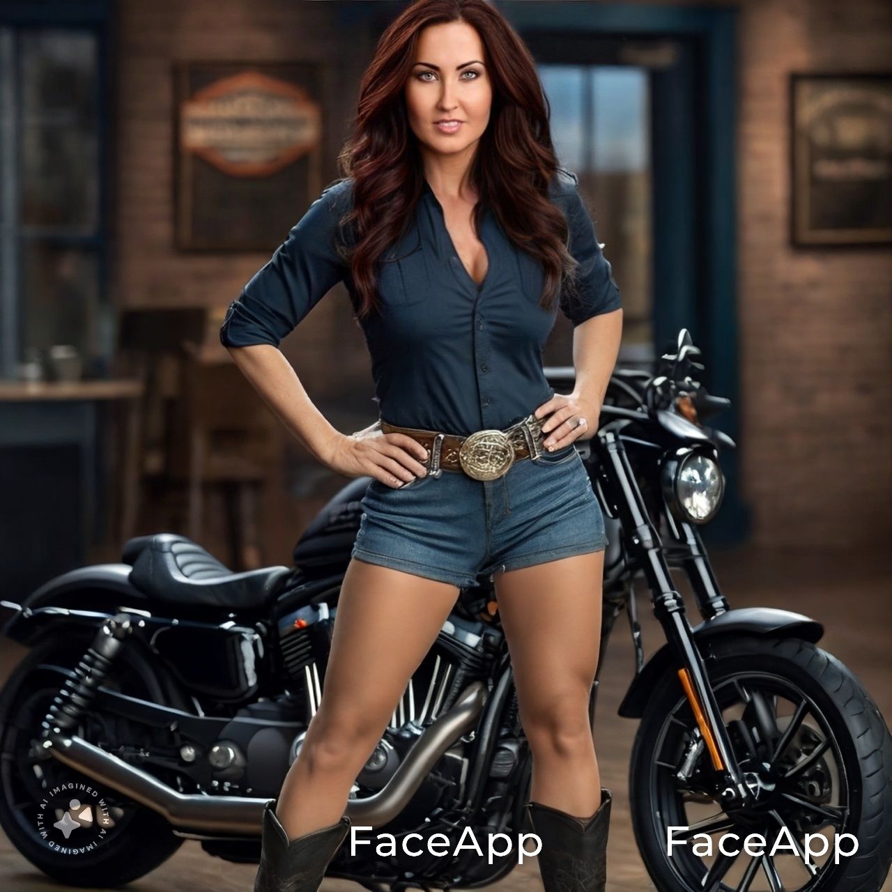 A professional full body photo of a  beautiful 40-year-old woman with long dark hair long face blue eyes medium build, standing next to a h...