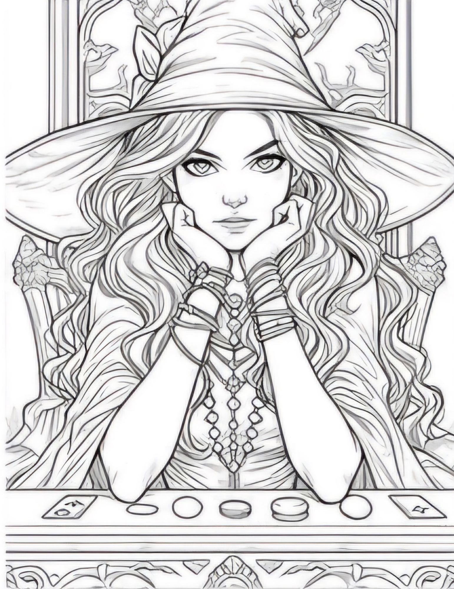 Portrait depicting a beautiful Gothic seer reading tarot cards at a table, punk/gothic witch disheveled clothing, lit candles and crystals,...