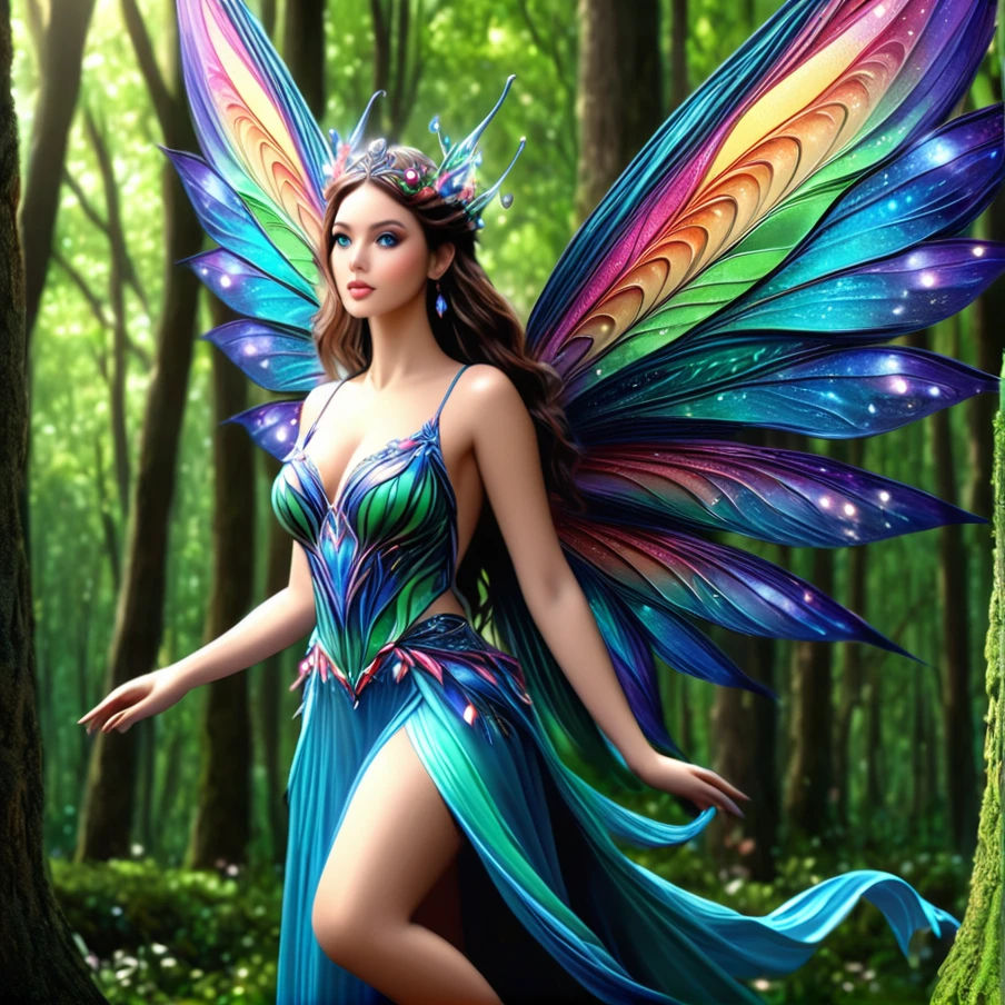 Full length digital illustration, Lush greenery, A stunning gothic fairy,(large chest, big rack:0.4)multicolor crystal wings, soft black dre...