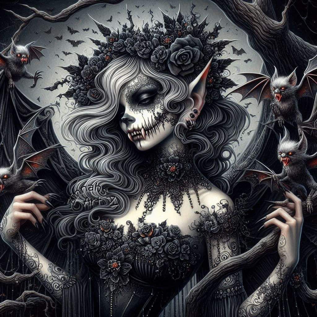 dark art. an image of an artistic  illustration,fantasy, scary ethereal farie in a black dress with black flowers with vampyre teeth. intric...