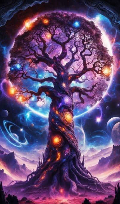 An enormous Eldritch Tree with branches that generate galaxies and a trunk that sustains the Chaos Universe.The tree glows with vibrant purp...