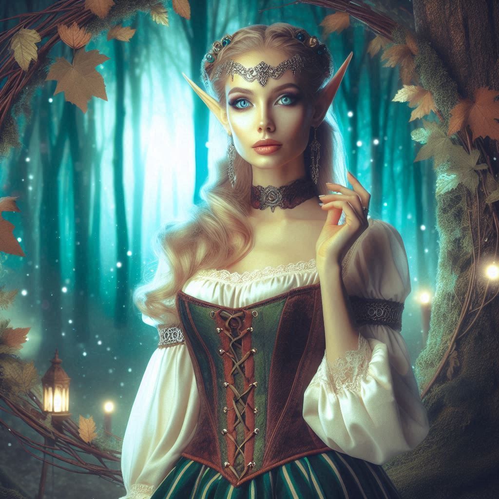 (Full length digital illustration of a beautiful blue eyed elf woman,  wearing blue elegant form fitting dress with Elven designs, celtic je...