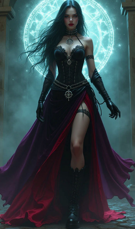 A beautiful woman with gothic victorian styled clothes, black leather and purple lace, fishnets and leather tinged with scarlet or purple, a...