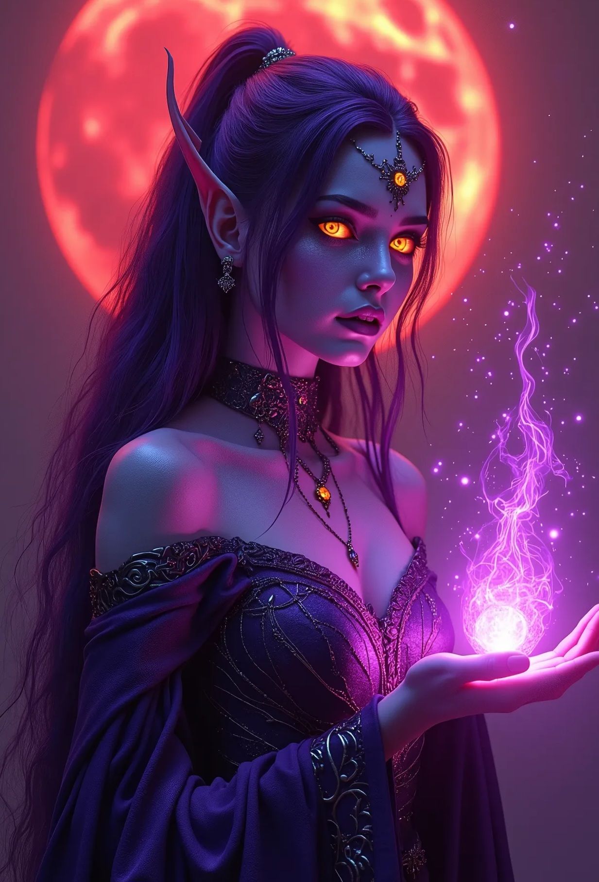 The most beautiful one transforming into enchantrix, elegant beauty, fierce expression, vibrant colors, glowing aura, purple essence, Red Fu...