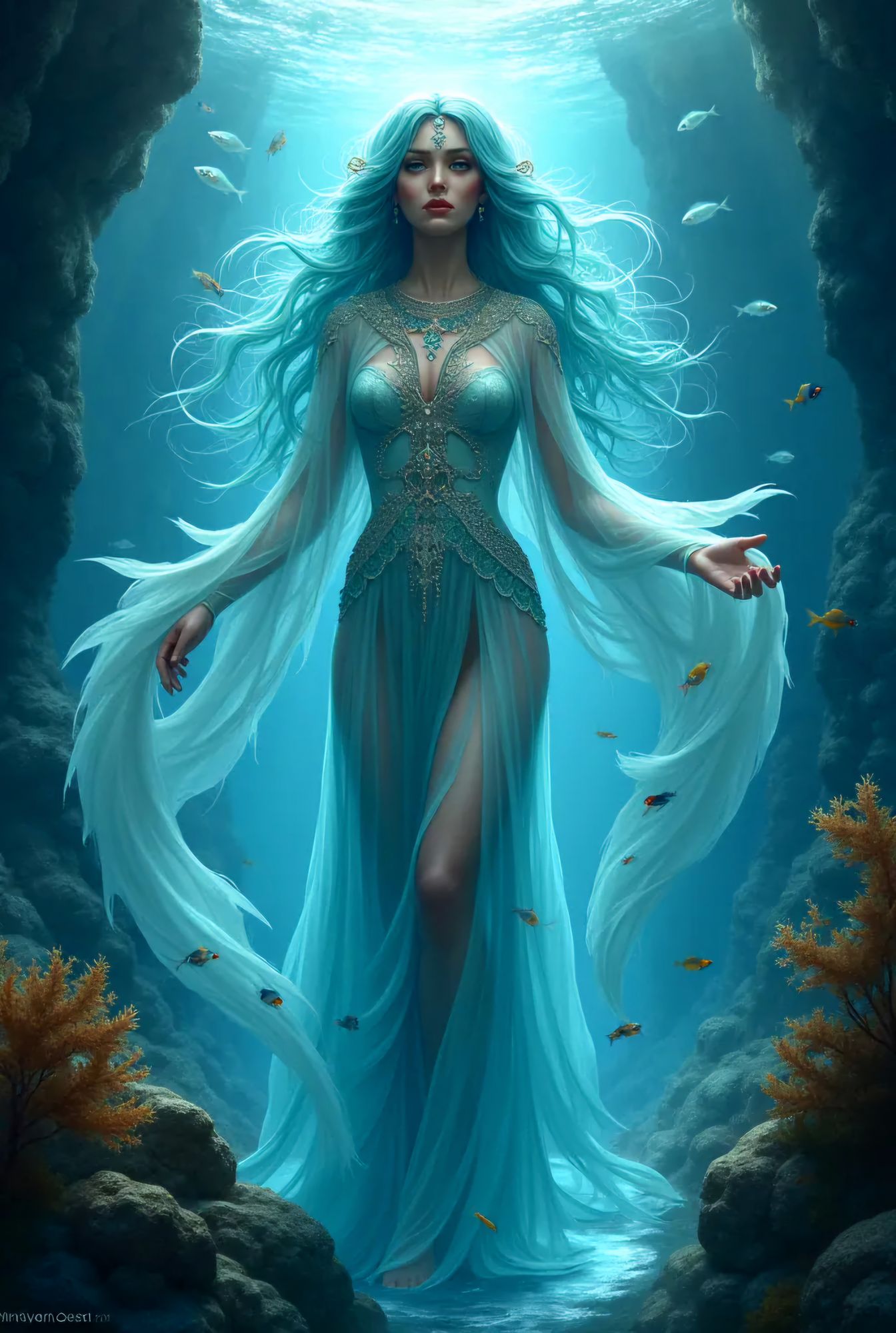 (Full length digital illustration of Benthesikyme(water goddess)in an otherworldly ocean environment with the body of a majestic full-figure...