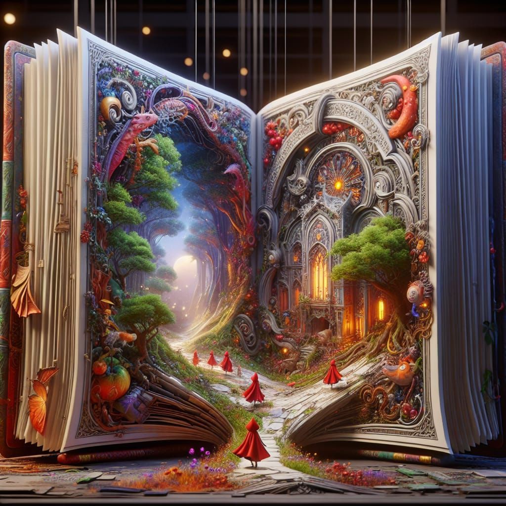 ((Digital illustration of  An Open book with a magical world emerging from its pages:(Gothic style Cathedral with stained glass windows, dep...