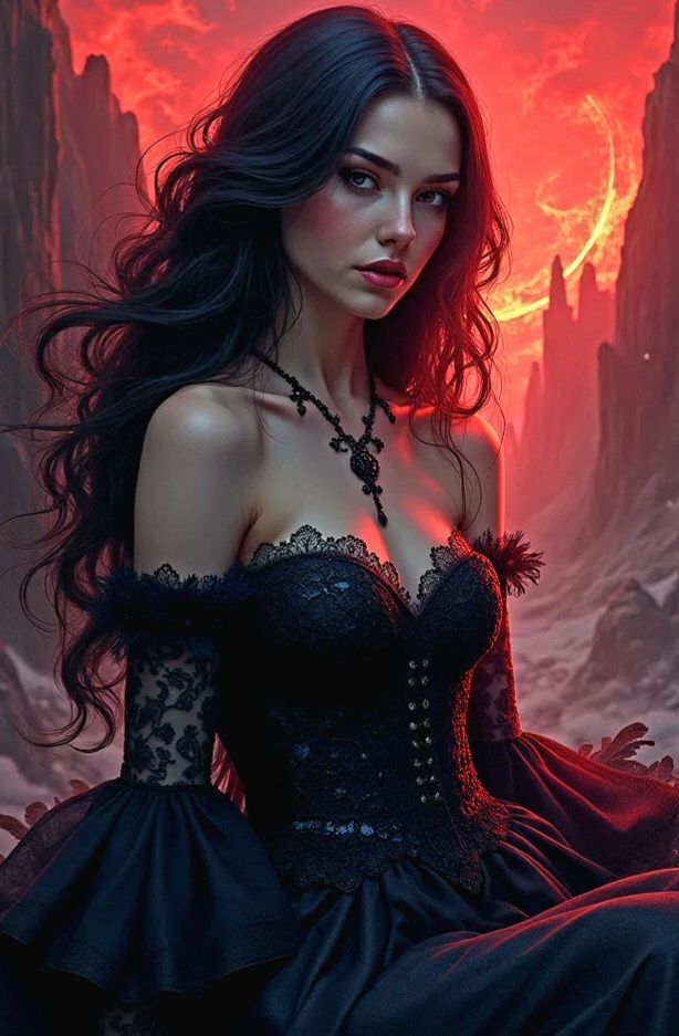 black hair, (solo), (black victorian dress), (smirk), red eyes, pale skin, (pale), ((dark aura))((fiendish aura)), indoors, Natural chests,...