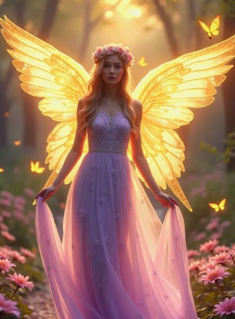 Full length image depicting a mesmerizing full-body portrayal of a delicate fairy surrounded by glowing fireflies, embodying innocence and p...
