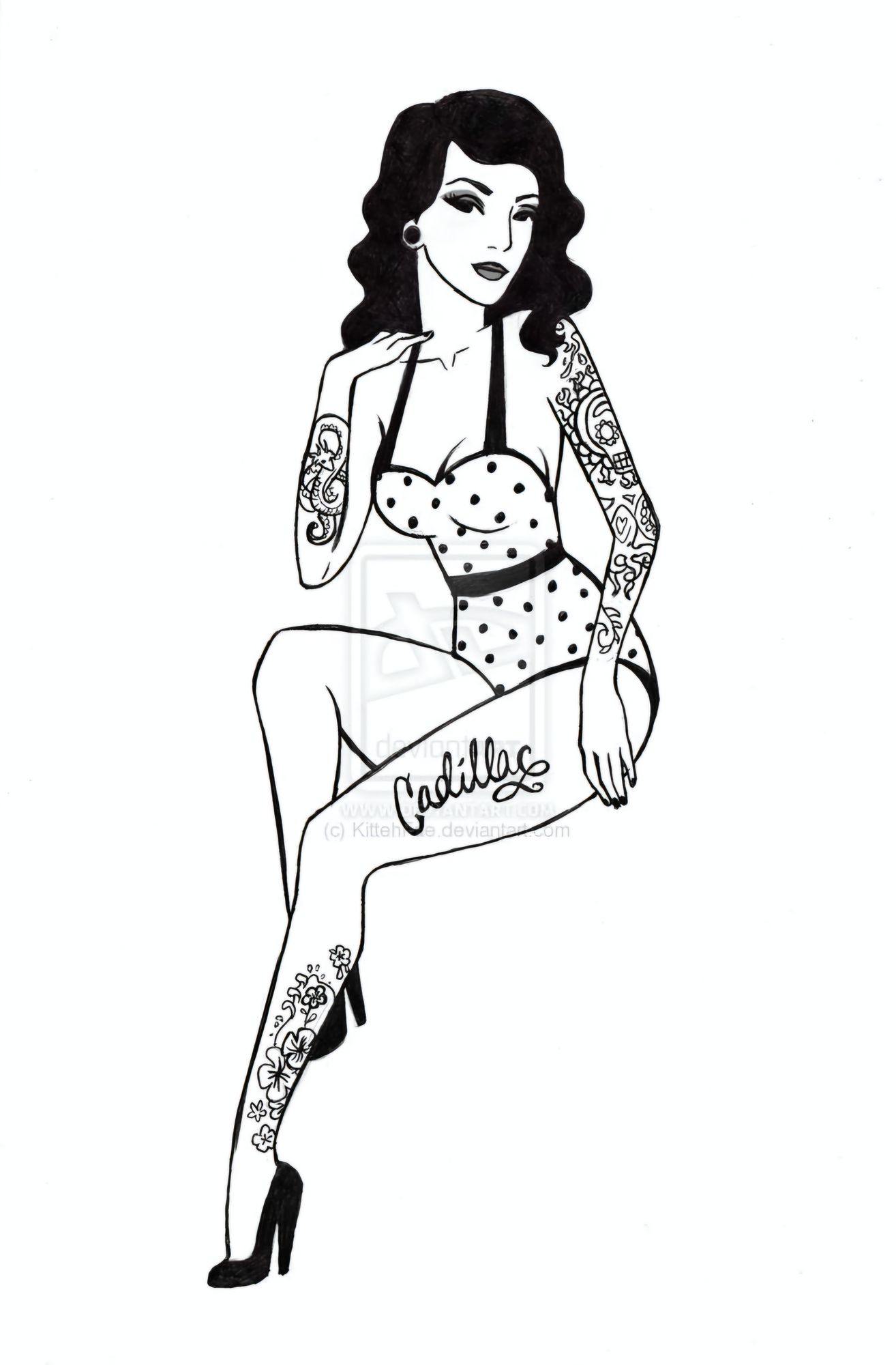 "Vintage style pin-up model, covered in beautifully intricate tattos. (Beautiful features, perfect proportions, expressive eyes) Multichroma...