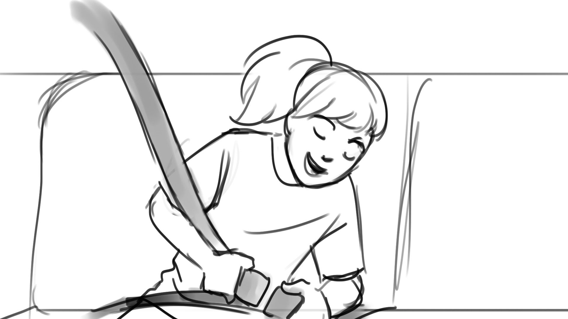 realistic black and white line drawing storyboard of a girl fastening seat belt in back seat of car