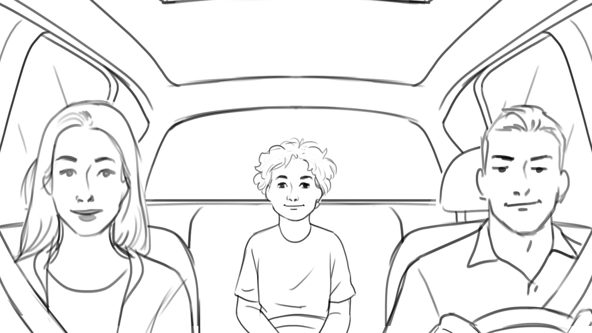 Storyboard, realistic black and white drawing with lines and shadows, image of front view of the interior of a Hyundai car, we see a 30 year...