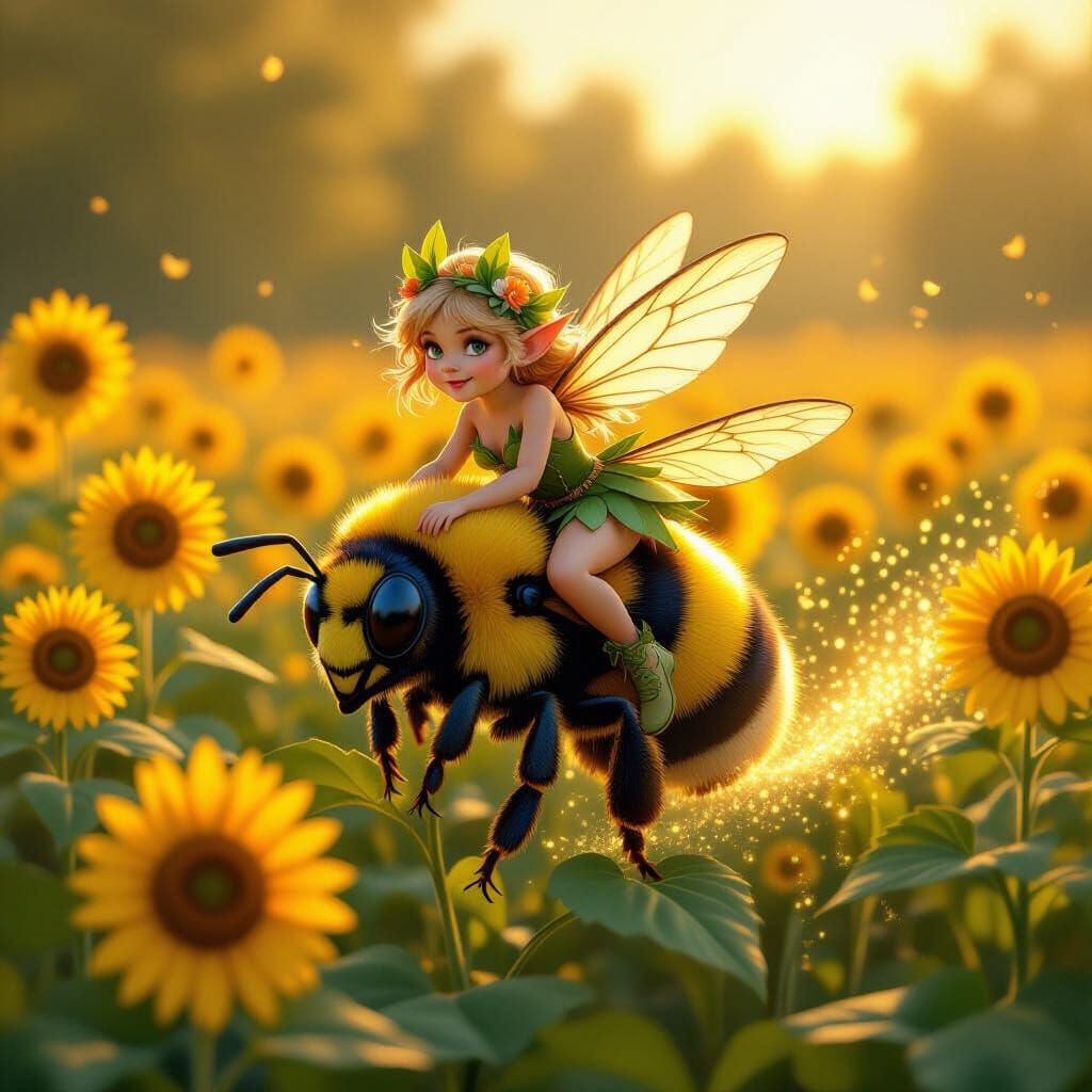 cute bee is flying with the fairy on her back