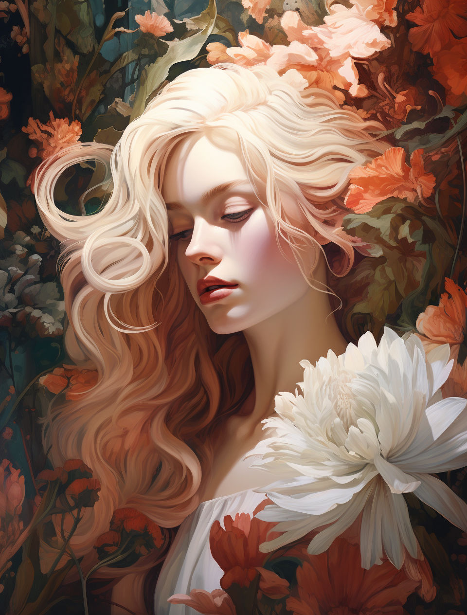 <lora:Soft:1.0> an image of a gorgeous girl in colorful makeup and berries on her eye, in the style of realistic forms, dark orange and viol...