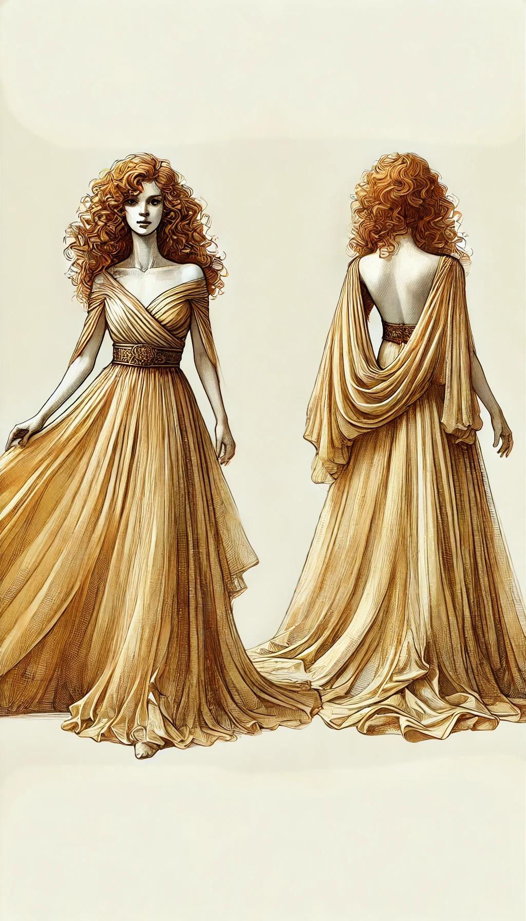 a woman with striking, curly red hair cascading down her back. She has fair skin and is wearing a flowing, mustard-yellow dress with an open...