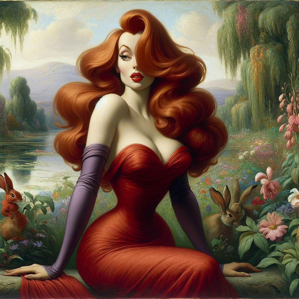<lora:Soft:1.0> Jessica Rabbit, in the style of John William Waterhouse