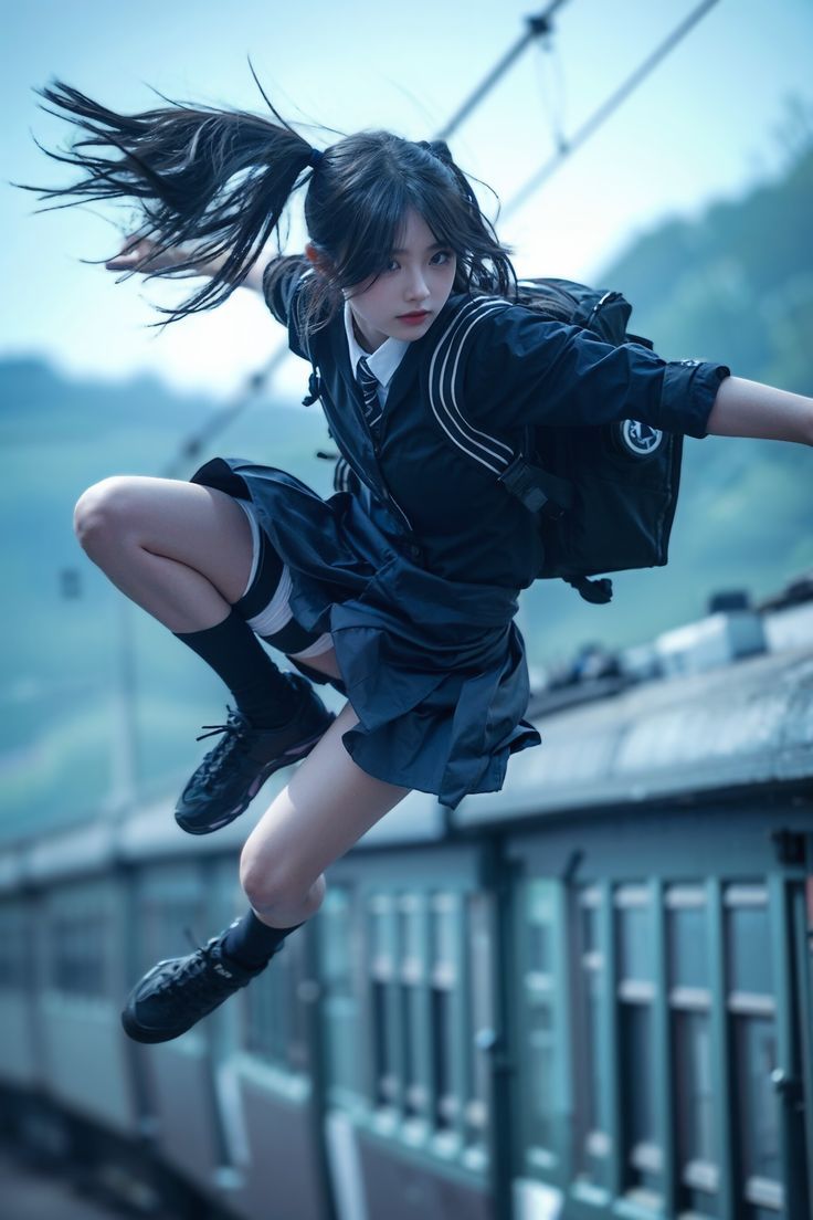 A young woman, wearing a black suit, and magic trinkets, leaping over a cyberpunk city. Lightning crackles around her body.