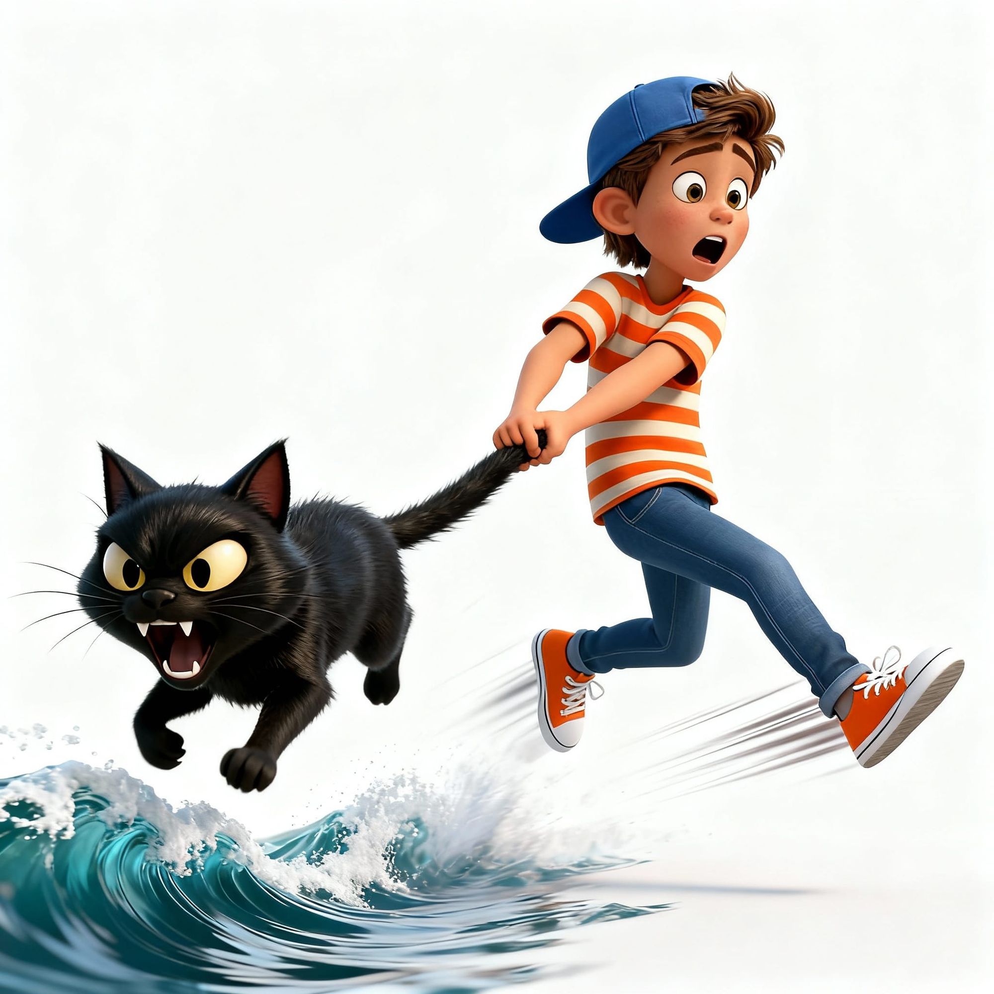 High quality 3D Pixar animation style cartoon scene showing three characters in chain formation: 

Character 1 (front): Sleek glossy black c... - Start Image 2