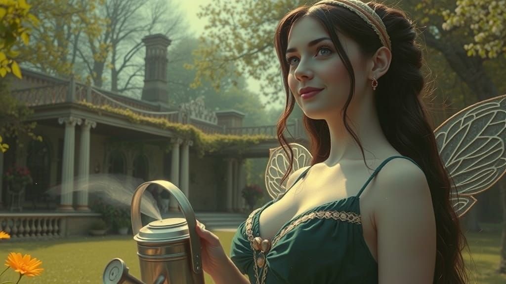 smiling victorian era fairy in manor grounds with watering can. cinematic film still, shot on v-raptor XL, film grain, vignette, color grade...