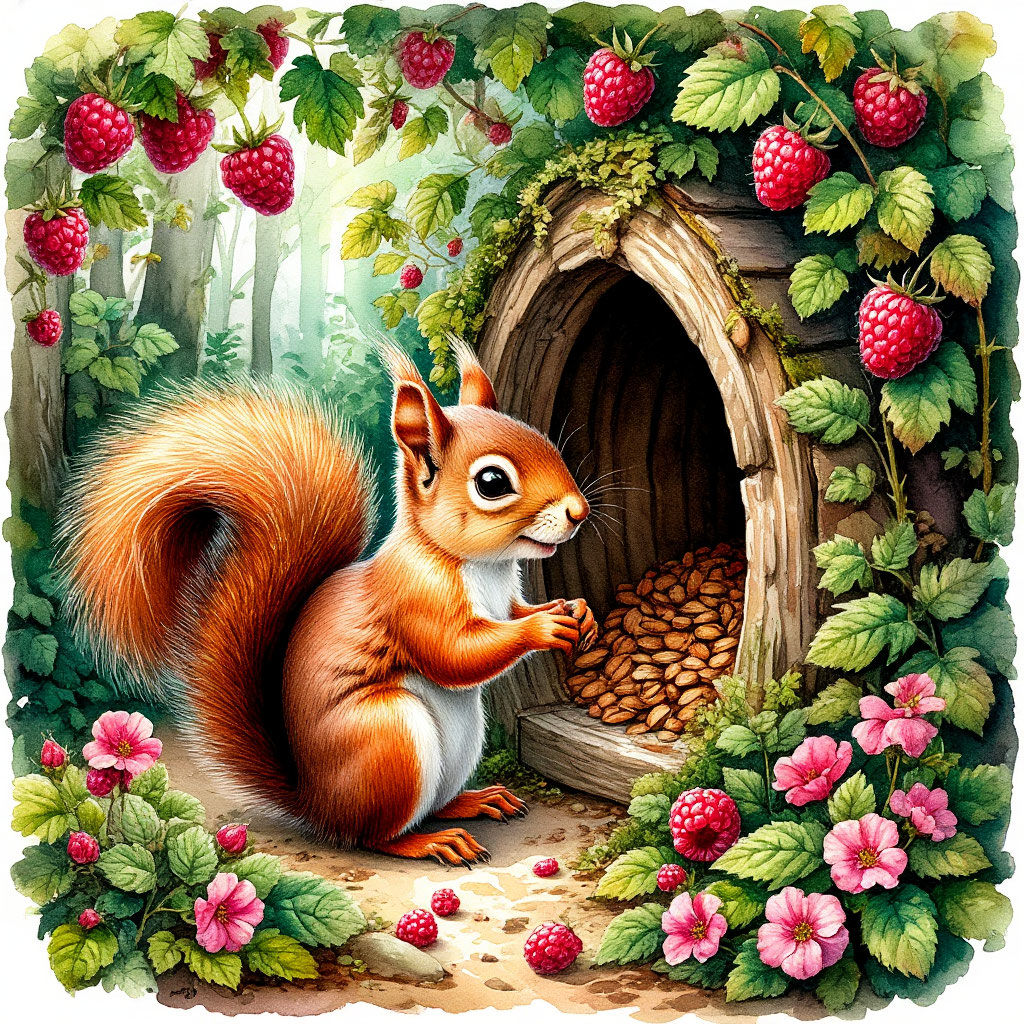 Charming squirrel in a quaint forest hollow: In a quiet forest corner where raspberry bushes and scattered forest flowers form a natural mos...